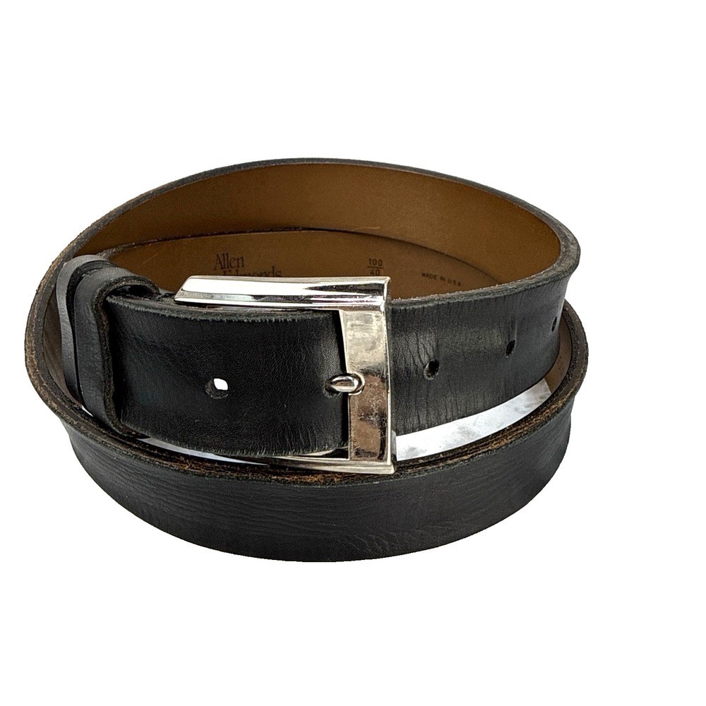 Allen Edmonds Mens Black Calfskin Leather Belt Size 40 Silver Buckle Made in USA